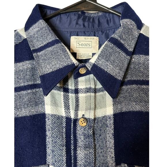 Vintage 70's Sears Navy White Plaid Flannel button down size XL Tall - Picture 14 of 16
